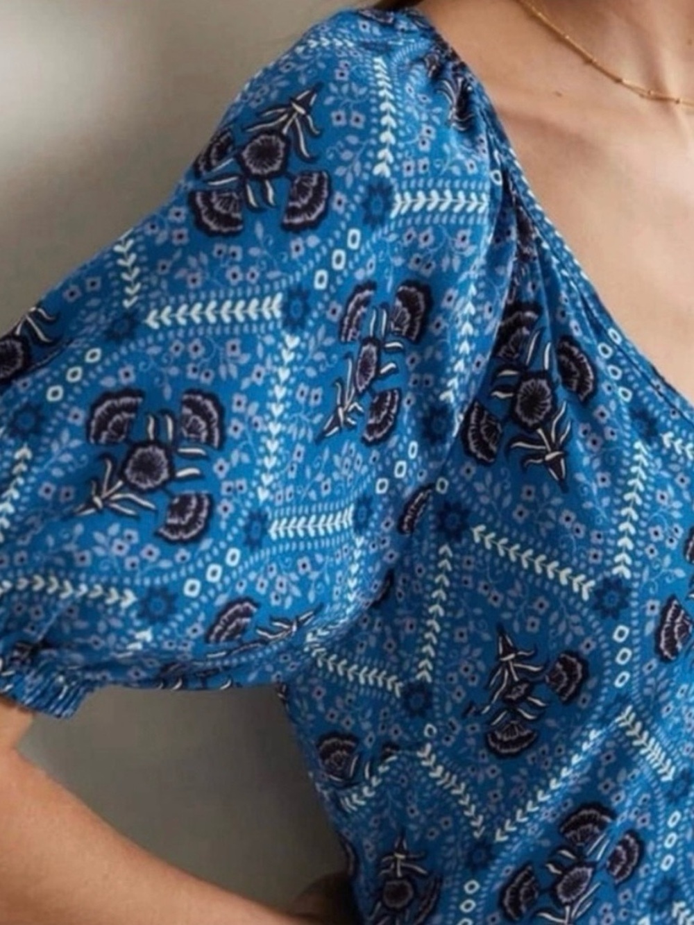 Boden V-Neck Midi Dress Mosaic Blue Poppy Bloom Tiered Puff Sleeve Sz 6 - Picture 4 of 11